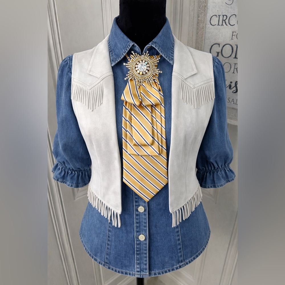 Necktie Necklace Yellow Blue Stripe Large Starburst Rhinestone Brooch Gold Chain